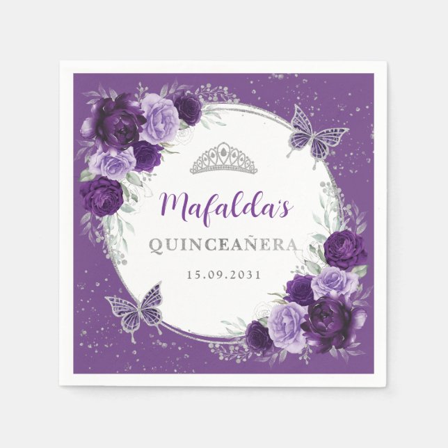 Purple Lilac Silver Flowers Quinceanera Birthday Napkins (Front)