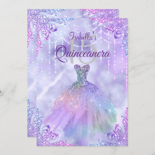 Purple Lilac Silver Pearl Gown Quinceanera Party Invitation