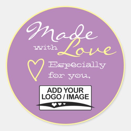 Purple Lilac Simple Made with Love Logo Template  Classic Round Sticker