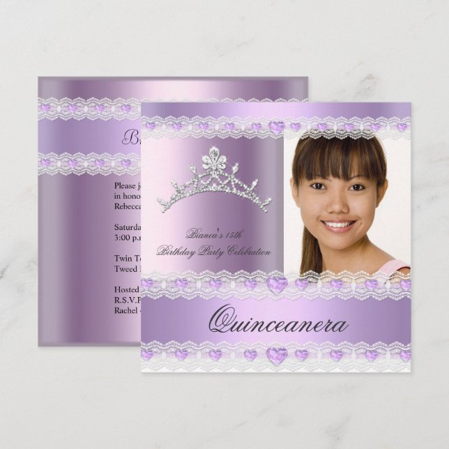 Purple Lilac Tiara Quinceanera 15 Birthday Party Invitation (Front/Back)