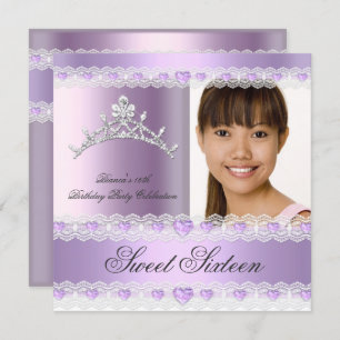 Purple Lilac Tiara Sweet Sixteen 16 Birthday Party Invitation