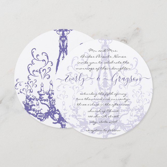 Purple Lilac Vintage Antique Chandelier Wedding  Invitation (Front/Back)
