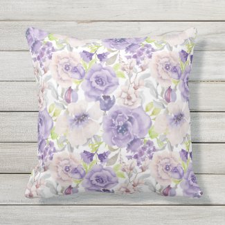 Purple Lilac Watercolor Floral Botanical Outdoor Pillow