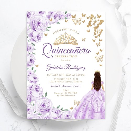 Purple Lilac Watercolor Floral Gold Quinceanera Invitation