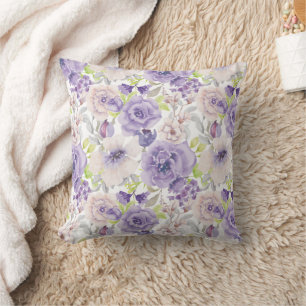Purple Lilac Watercolor Floral Throw Pillow