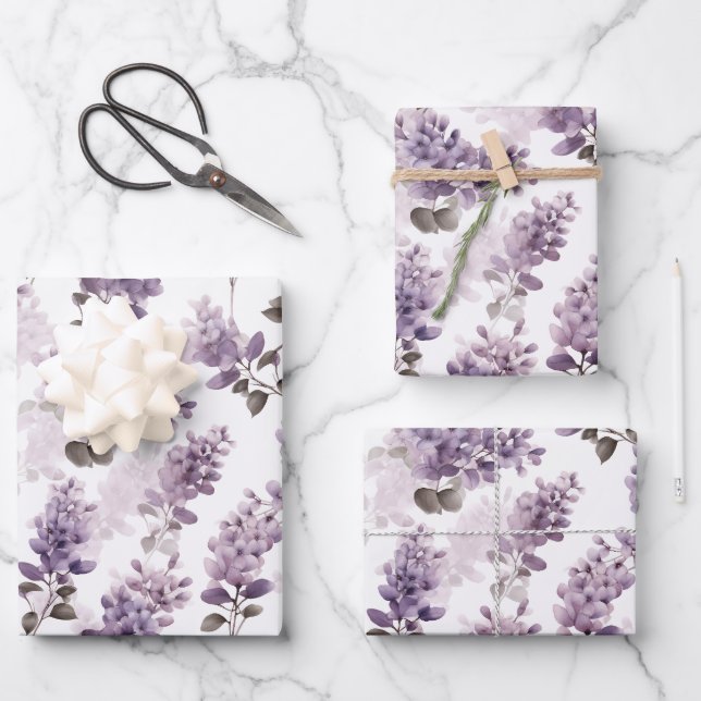 Purple Lilac Watercolor Floral Wrapping Paper Sheets (Front)