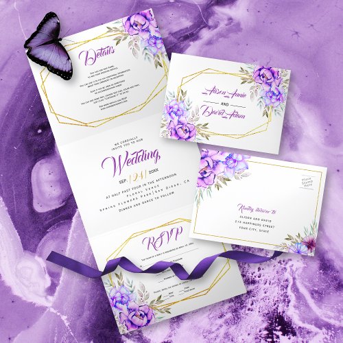 Purple lilac watercolor flowers and RSVP wedding Tri_Fold Invitation