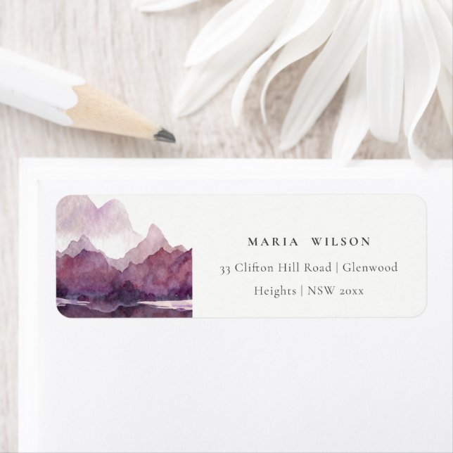 Purple Lilac Watercolor Mountain Lake Address Label (Insitu)