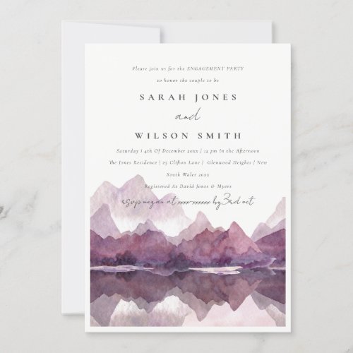 Purple Lilac Watercolor Mountain Lake Engagement  Invitation