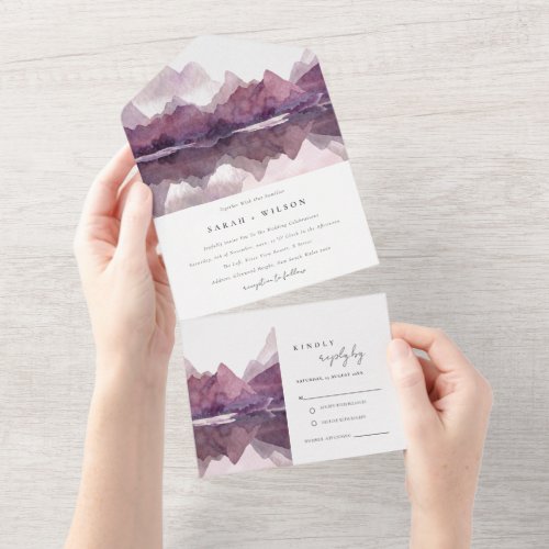 Purple Lilac Watercolor Mountain Lake Wedding All In One Invitation