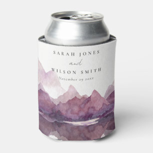 Purple Lilac Watercolor Mountain Lake Wedding Can Cooler