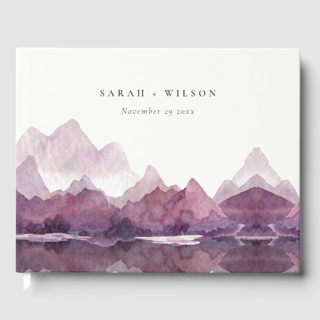 Purple Lilac Watercolor Mountain Lake Wedding Guest Book (Front)
