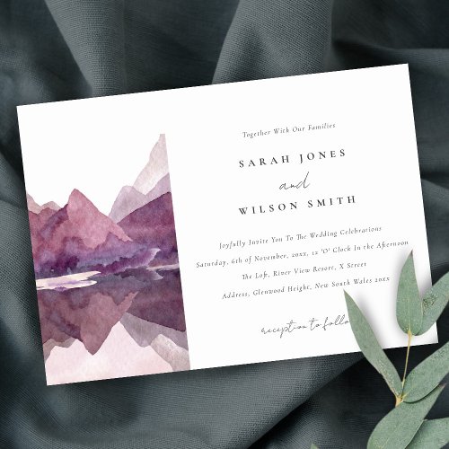 Purple Lilac Watercolor Mountain Lake Wedding Invitation