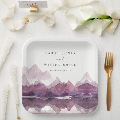 Purple Lilac Watercolor Mountain Lake Wedding Paper Plates