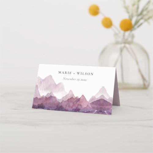 Purple Lilac Watercolor Mountain Lake Wedding Place Card