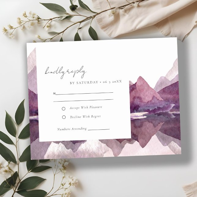 Purple Lilac Watercolor Mountain Lake Wedding RSVP Card (Creator Uploaded)
