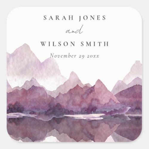 Purple Lilac Watercolor Mountain Lake Wedding Square Sticker