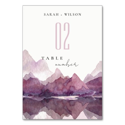 Purple Lilac Watercolor Mountain Lake Wedding Table Number
