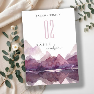 Purple Lilac Watercolor Mountain Lake Wedding Table Number