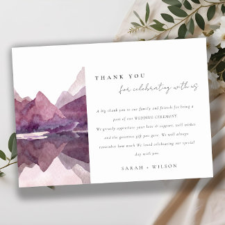 Purple Lilac Watercolor Mountain Lake Wedding Thank You Card