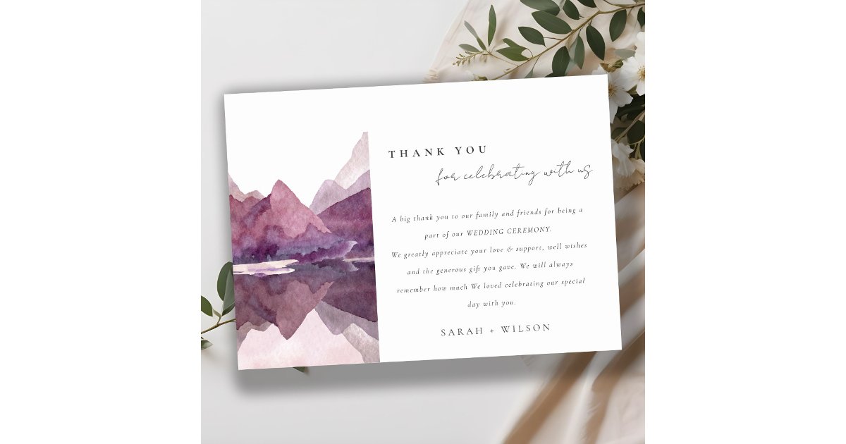 Purple Lilac Watercolor Mountain Lake Wedding Thank You Card | Zazzle