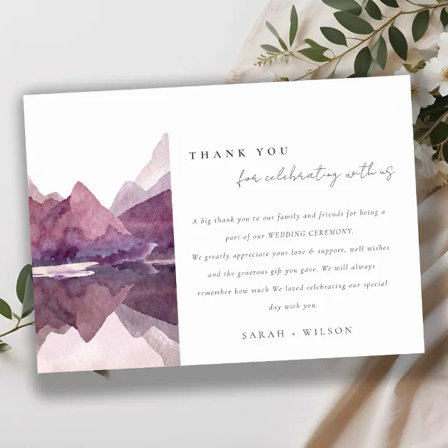 Purple Lilac Watercolor Mountain Lake Wedding Thank You Card | Zazzle