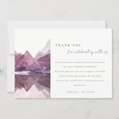 Purple Lilac Watercolor Mountain Lake Wedding Thank You Card