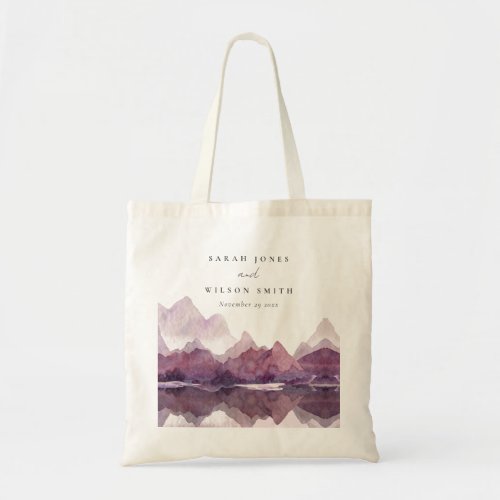 Purple Lilac Watercolor Mountain Lake Wedding Tote Bag