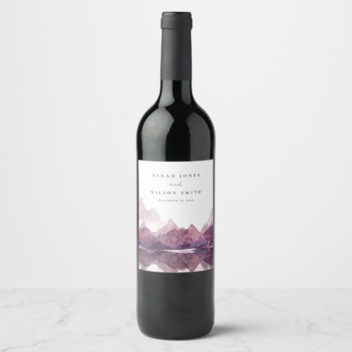 Purple Lilac Watercolor Mountain Lake Wedding Wine Label