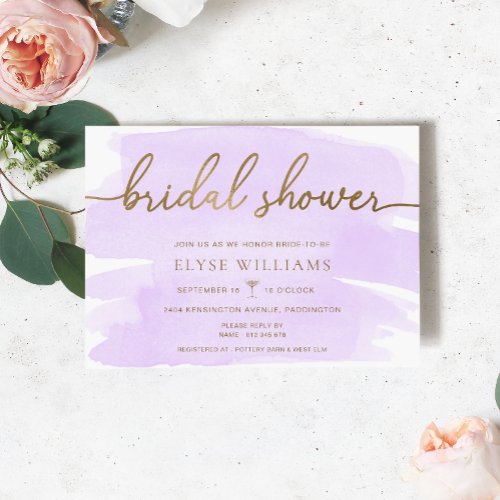 Purple Lilac Watercolour Gold Bridal Shower Invitation