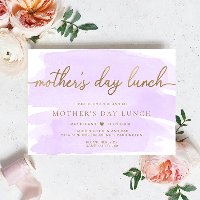 Purple Lilac Watercolour Gold Mother's Day Lunch Invitation (Mothers Day Lunch Purple Lilac Watercolour Gold )