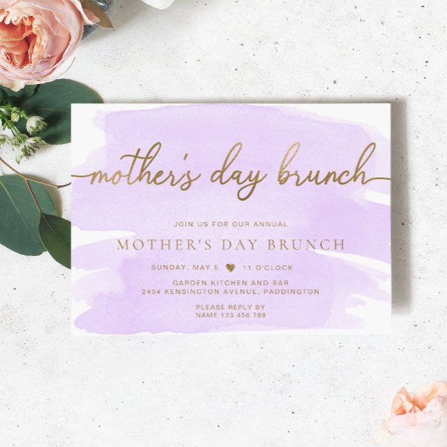Purple Lilac Watercolour Mother's Day Brunch Invitation (Mothers Day Brunch Invitation Purple Watercolour Gold )