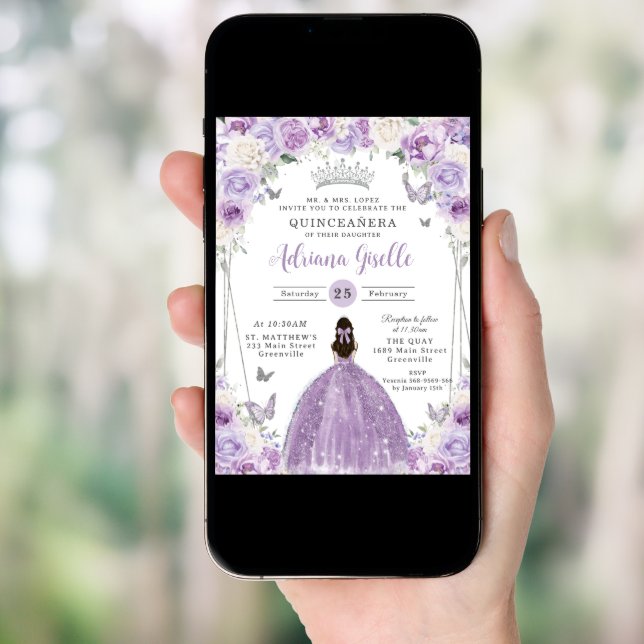 Purple Lilac White Floral Silver Quinceañera XV 16 Invitation (Front Digital)