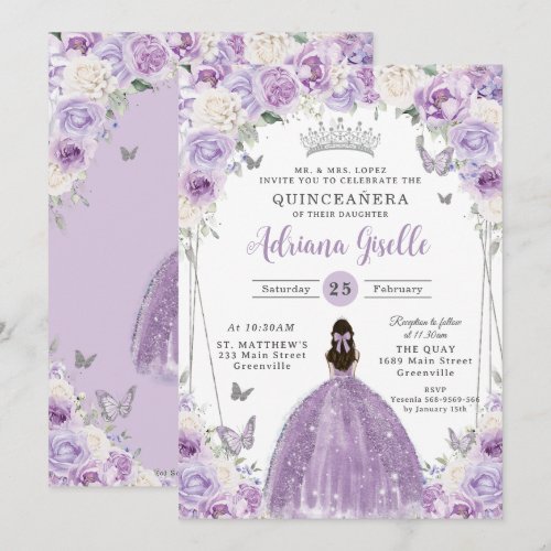 Purple Lilac White Floral Silver Quinceañera XV 16