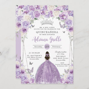 Purple Lilac White Floral Silver Quinceañera XV 16 Invitation