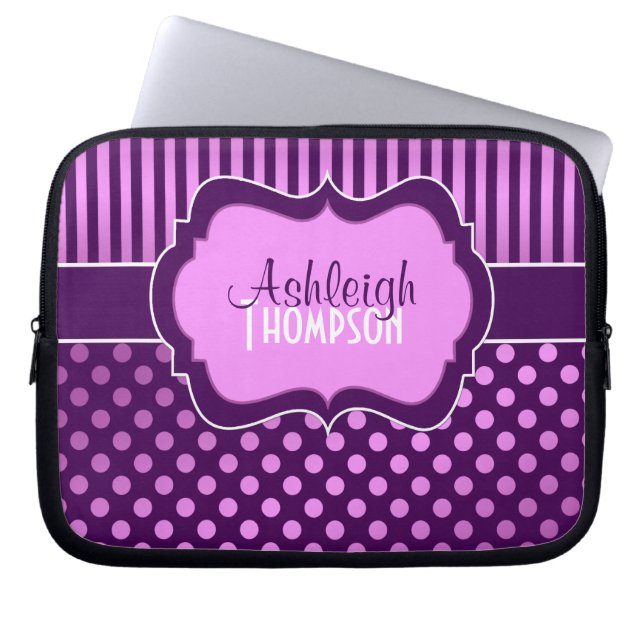Purple Lilac White Polka Dot Stripe Laptop Sleeve (Front)