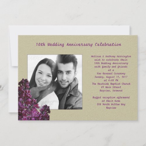 Purple Lilacs and Burlap Photo Vow Renewal Invite