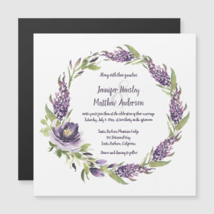 Purple Lilacs and Peonies Floral Wreath Wedding Magnetic Invitation