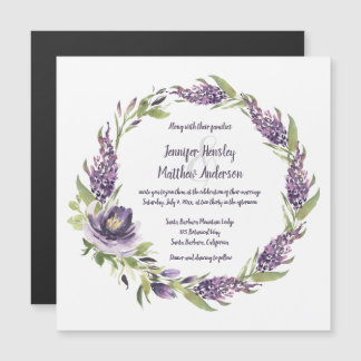 Purple Lilacs and Peonies Floral Wreath Wedding | Magnetic Invitation