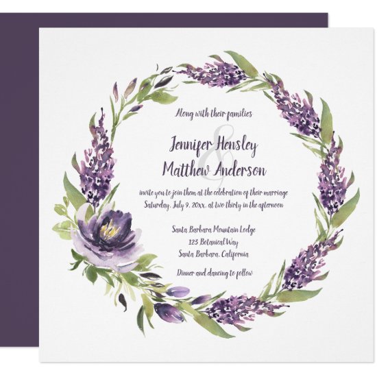 Purple Lilacs and Peonies With Greenery Wreath   | Invitation