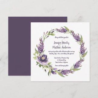 Purple Lilacs and Peonies With Greenery Wreath   | Invitation