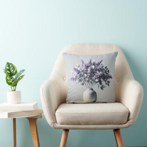 Purple Lilacs and Silver Leaf Bouquet Throw Pillow