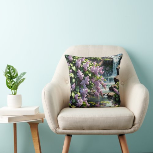 Purple Lilacs and Waterfalls  Throw Pillow