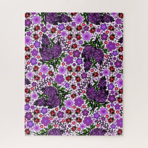 Purple Lilacs Ladybugs NH State Symbols on White  Jigsaw Puzzle