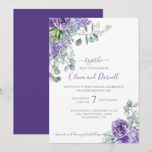 Purple Lilacs & Succulents, Eucalyptus DIY Wedding Invitation (Front/Back)