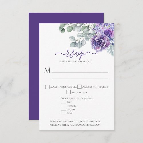 Purple Lilacs  Succulents Eucalyptus DIY Wedding RSVP Card