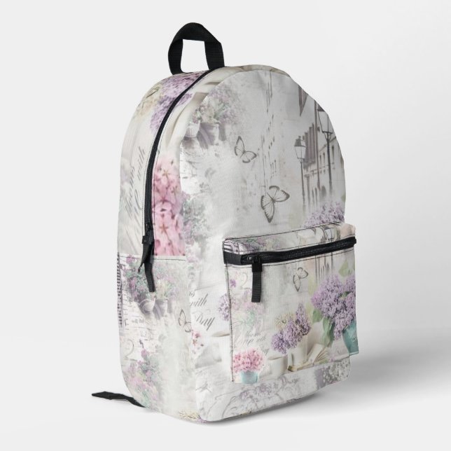 Purple Lilacs Vase Books European Street Printed Backpack (Back Corner Left)