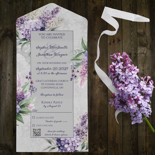 Purple Lilacs with Heather on Gray with QR Code  All In One Invitation (Creator Uploaded)
