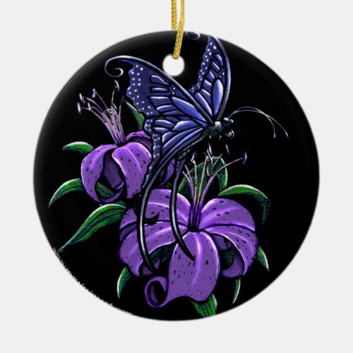 Purple Lilies Blue Butterfly Ornament