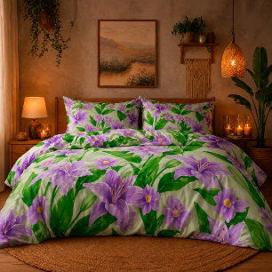 💜 Purple Lilies Green Leaves Elegant Floral Duvet Cover